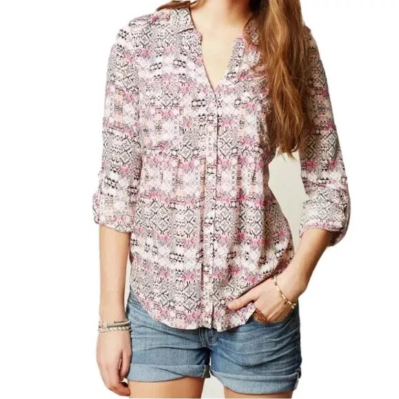 Maeve Anthropologie Womens XS Islet Roll Tab Button Down Boho Long Sleeve Top - Picture 8 of 8